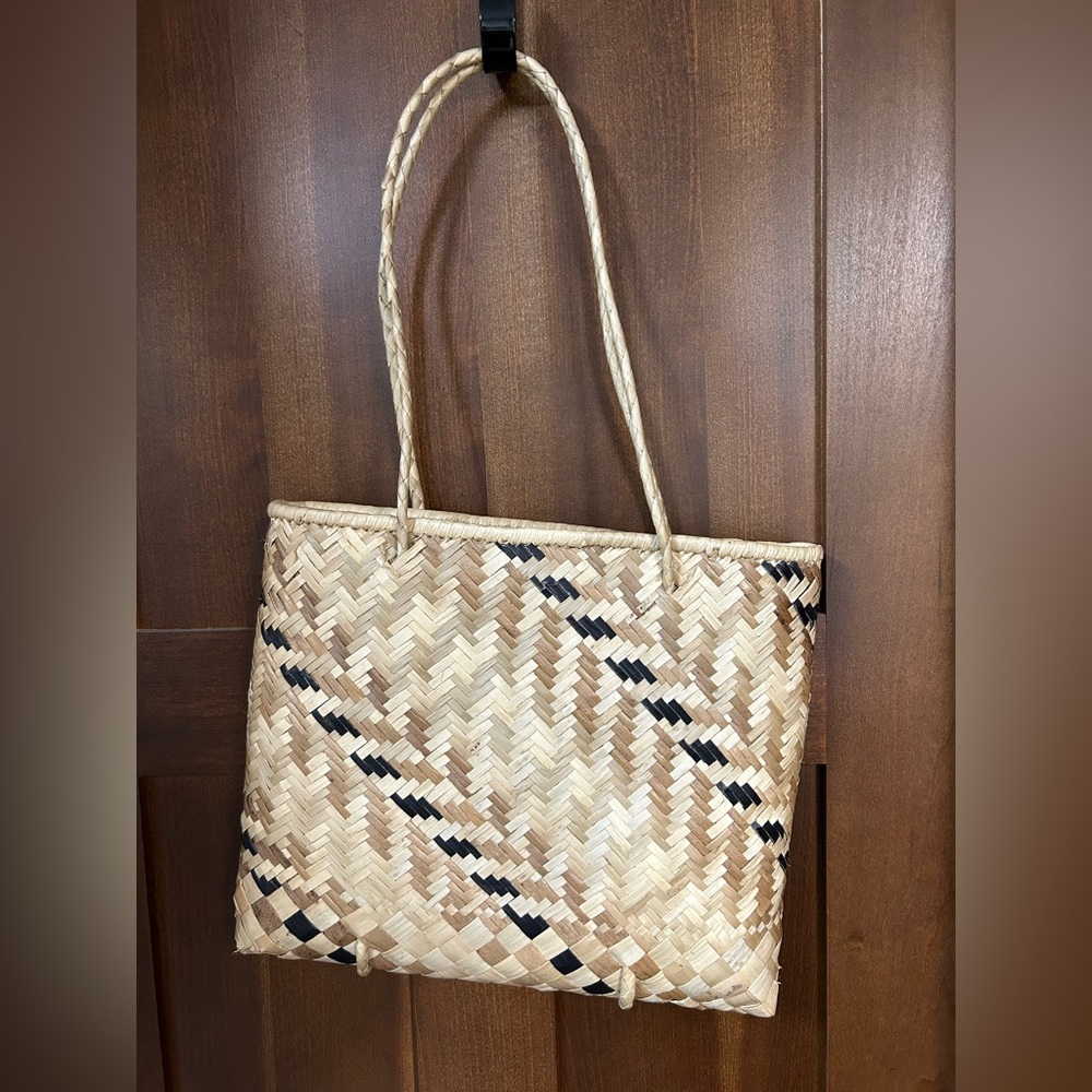 Vintage Tan and Black Woven Straw Tote Bag